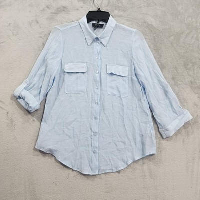 BCX Top Womens M Blue Cotton Collared Button Front Roll Tab 3/4 Sleeve Casual