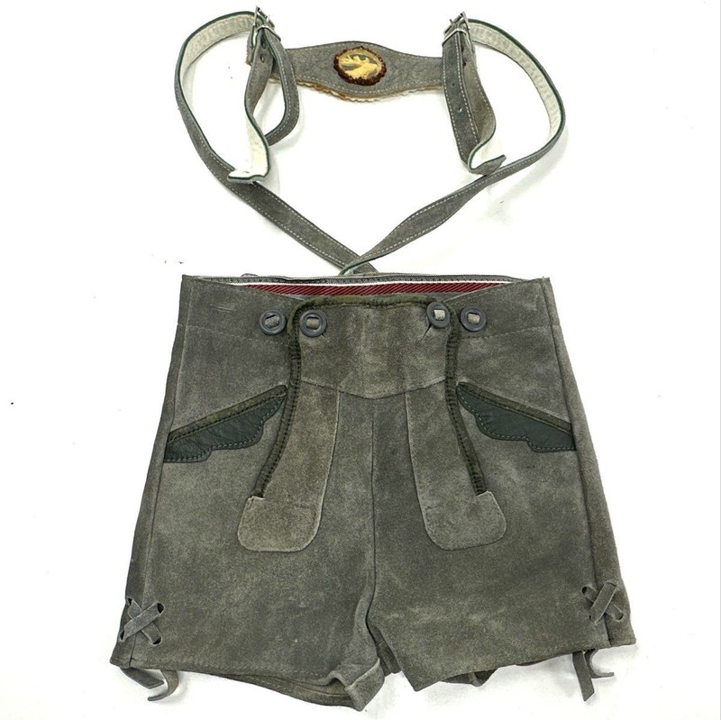 Vintage Kids Lederhosen Grey Suede German Alpine Shorts Suspenders Sz 92