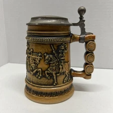 Vintage Gerz West Germany 6" Knights Beer Stein Mug stone pottery  lidded  horse