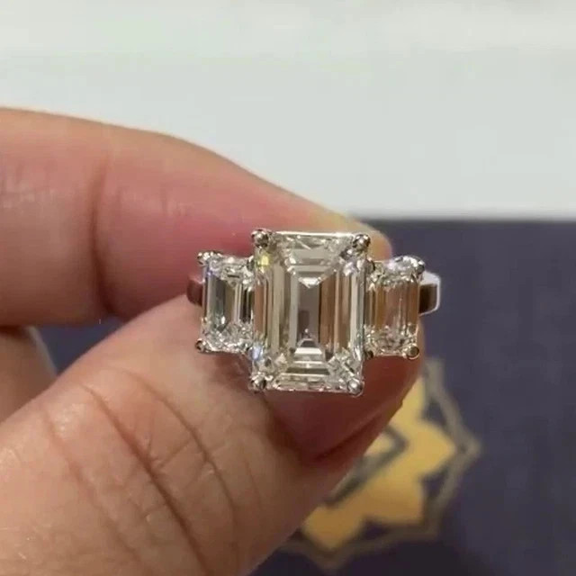 3.50Ct Emerald Cut D/VVS1 Moissanite 3-Stone Engagement Ring 925 Sterling Silver