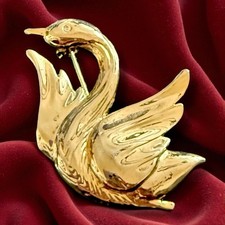 Swan Brooch Vintage Large Bird Figural Gold Tone Statement Pin