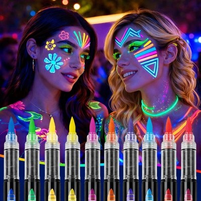 10 Colors Glow in the Dark Body Paint Markers, Fluorescent UV Face Multicolor 