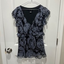 Karen Kane Black Gray Floral Abstract Silk Blouse Ruffle Sleeve 16