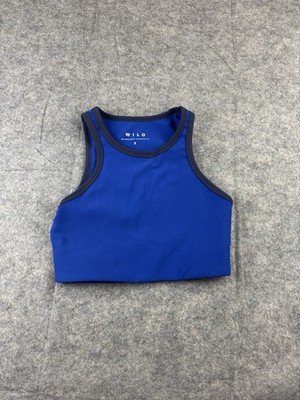WILO The Label Women s S Sports Bra Zip High Neck Longline Ribbed Blue Contrast