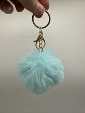 Lt Blue Pom Pom Keychain Fluffy Plush Ball Key Ring Purse Charm gold Aqua 1