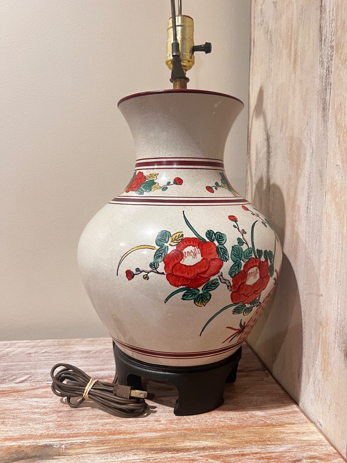FREE SHIPPING Vintage 25” Hand Painted Red Floral Motif Urn/ Vase Style