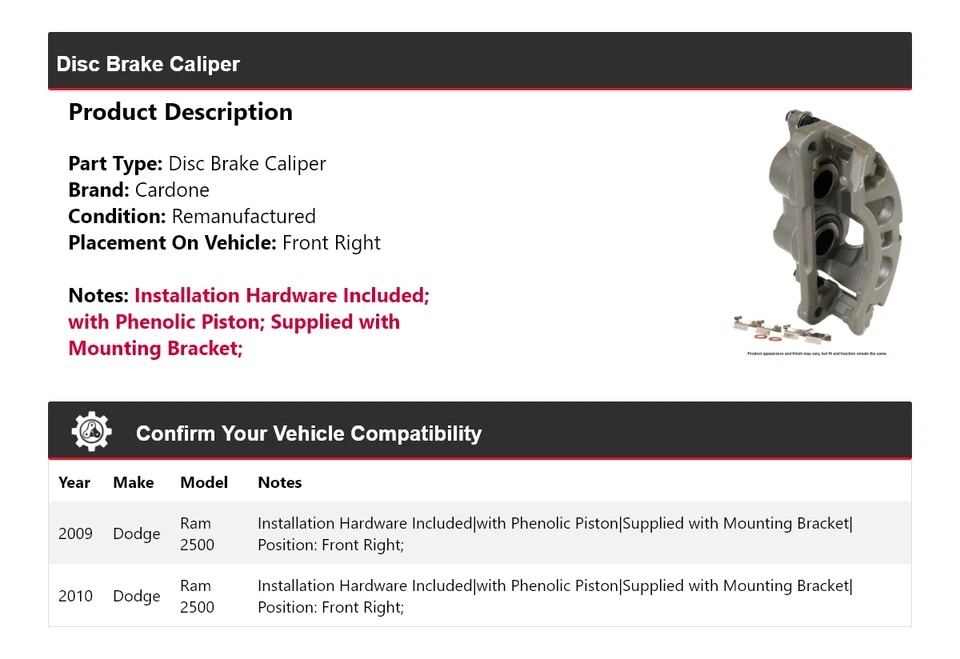 Pinça de freio a disco dianteira direita Cardone Dodge Ram 2500 2009-2010 - Imagem 2 de 4