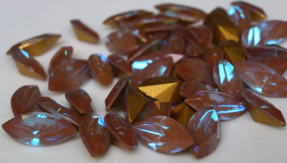 2 Rare Vintage Glass Rhinestones Navette Gold Saphiret Foiled PB 15x7mm A6-4B - Image 3 of 4