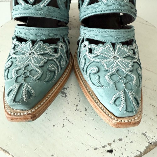 Lane Robin Mule Blue Cowboy Boots Womens 5 Cowgirl Western Leather Short Ankle - Picture 7 of 12