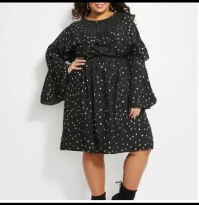 Ashley Stewart Dress Plus Size 14/16 Black Gold Polka Dots Ruffles Bell  Sleeve | eBay