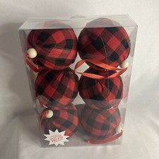 Red  Black Buffalo Check Fabric Ornaments 6pc Christmas Decoration