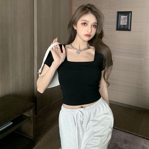 Black White Women T-shirt Square Collar Women Top Casual Tee - Picture 5 of 15