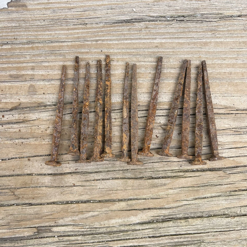 "Dos docenas (24) clavos de cabeza cuadrada de 2,5"" cortados a mano antiguos, oxidados, siglo XIX" Foto 4 de 4