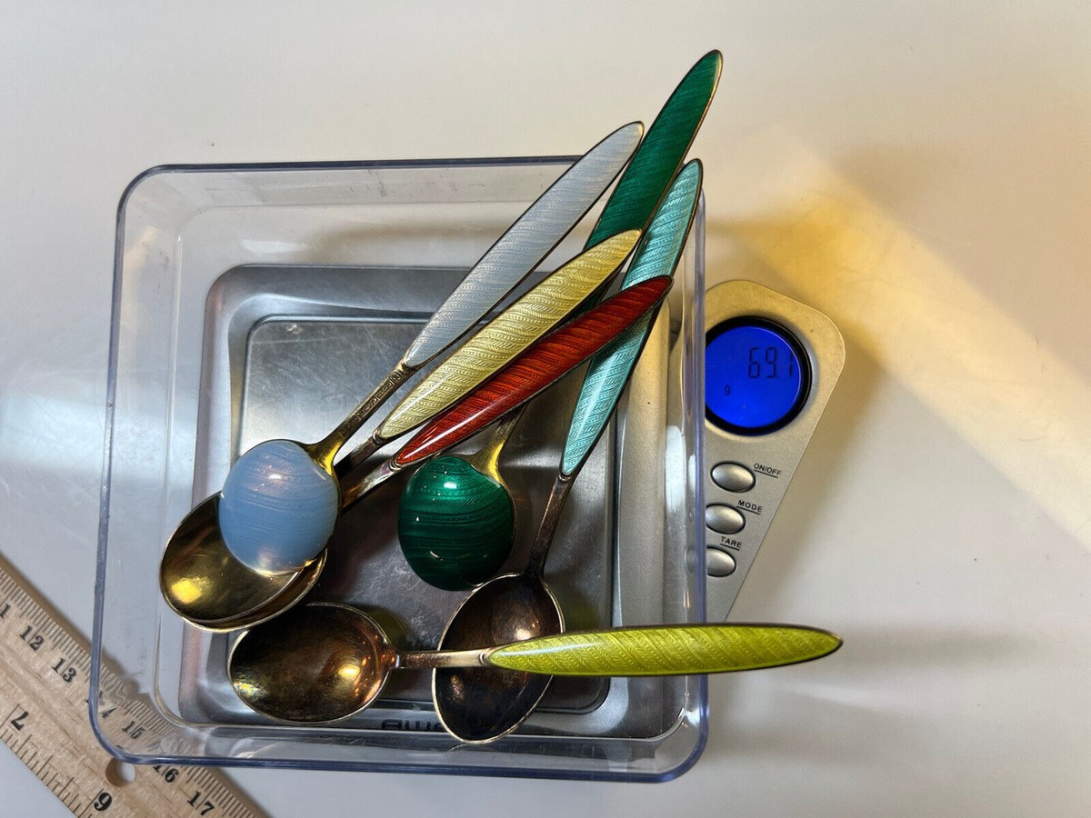 J Tostrup Norway 1960s Sterling Silver Gilt Enamel Coffee Spoons