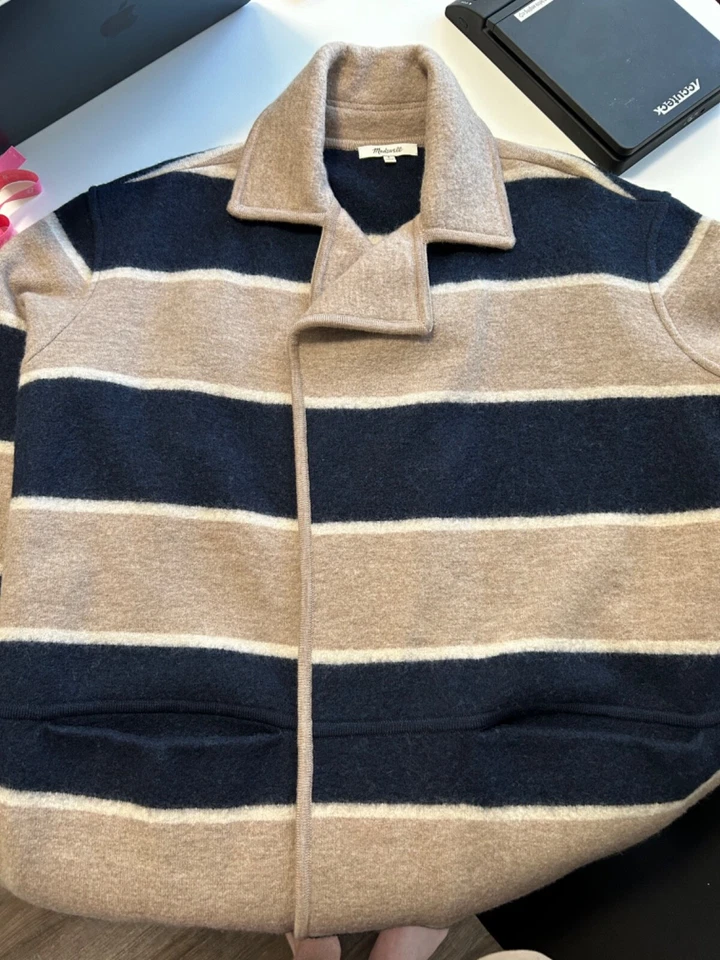 Madewell Ballard Beige Azul Rayas Lana Merino Suéter Cárdigan Abrigo Pequeño Foto 2 de 4