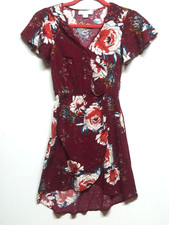 Band of Gypsies Wrap Dress XS Burgundy floral bouquet Keyhole back pockets hi-lo