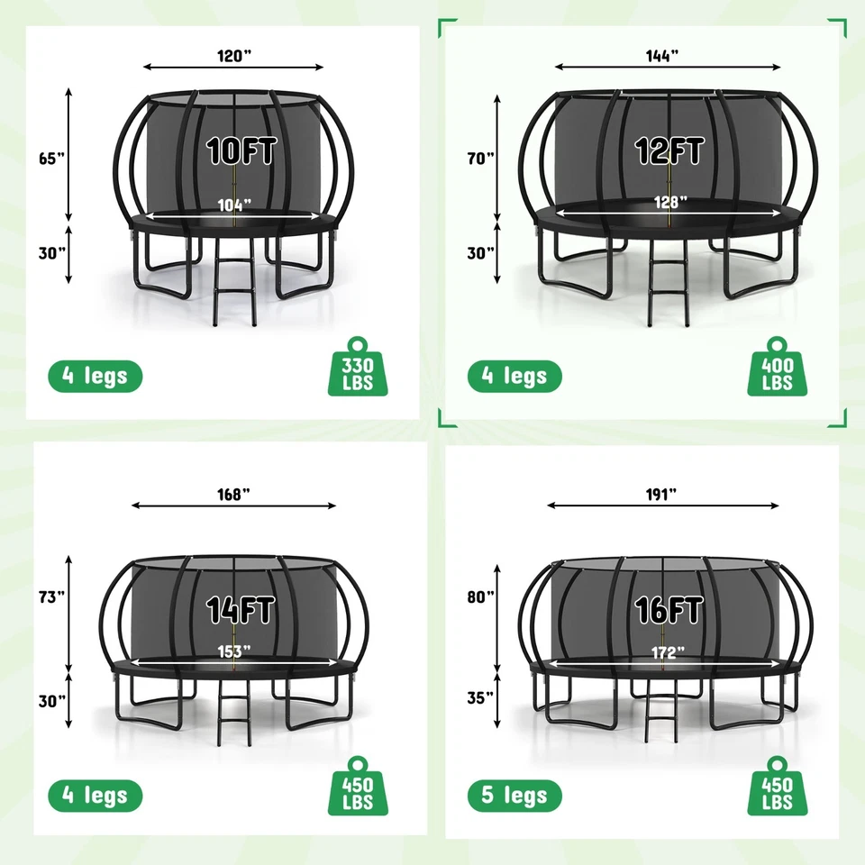 Trampolín exterior de 10 pies/12 pies/14 pies/16 pies con red de recinto de seguridad y escalera Foto 2 de 4