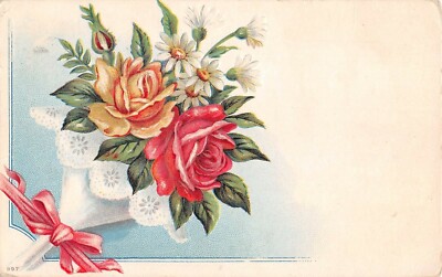 Bouquet of Lovely Yellow & Pink Roses With Daisies on 1909