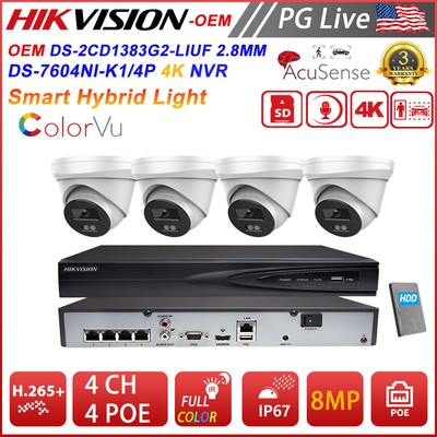 Hikvision 4CH CCTV System OEM 4K 8MP Acusense ColorVu Turret IP Camera Mic Lot