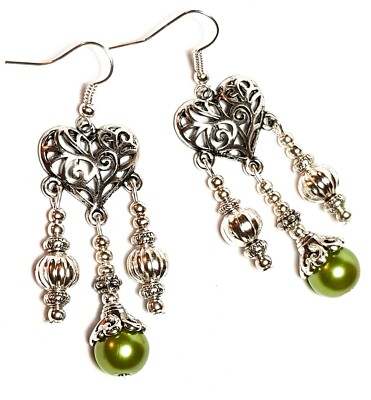 Silver Chandelier Green Pearl Earrings Glass Bead Drop Dangle Gypsy Boho Style Silver Chandelier Green Pearl Earrings, Green Chandelier Earrings Paparazzi