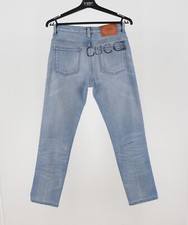 Women's Gucci Big Logo Cotton Blue Denim Slim Jeans Size W25 Gucci Leather Patch
