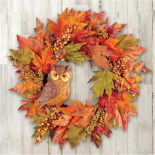 20 Inch Fall Wreath for Front Door,Autumn Owl Wreath with Maple Leaves