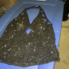 Black Sequin Satin Halter Backless Cropped Party Tank Top Sleeveless Women