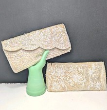 Set Of 2 Vintage Beaded Clutches Satin Foldover Zipper Evening Bags- As Is