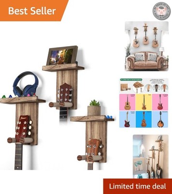 Elegant 3-Pack Rustic Wood Guitar Wall Mounts with Pick Holder for All Instru...