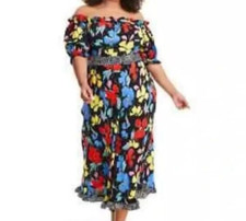 Rixo Maxi Dress Plus 28/30 Rainbow Floral Off the Shoulder Puff Sleeve Bloomcore