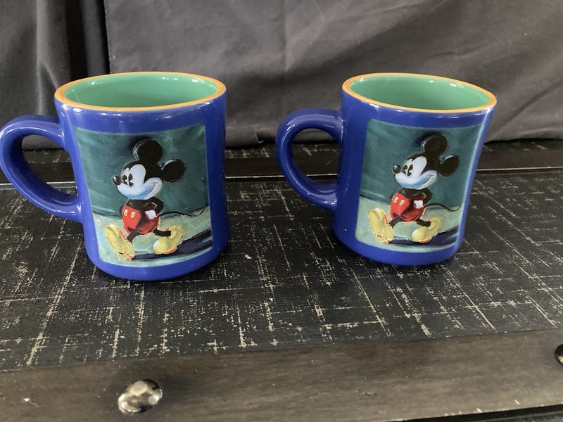 Mickey Mouse Coffee Mugs (2) Blue & Green With Yellow Trim