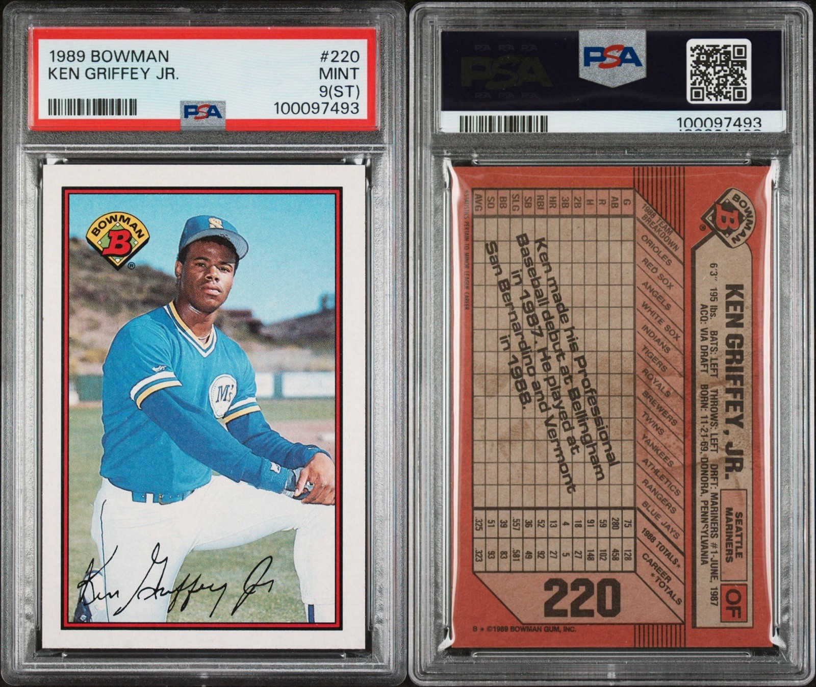1989 BOWMAN #220 KEN GRIFFEY JR. PSA 9(ST) RC MARINERS HOF view 3