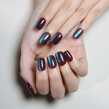 evpct Mauve Teal Cat Eye Extra Short Square Press on Nails, Petite Short Squa...