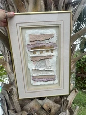 Elaine Rose Lanoue “Memories” 1988 Mixed Media Cotton Fiber Art Framed 12x18