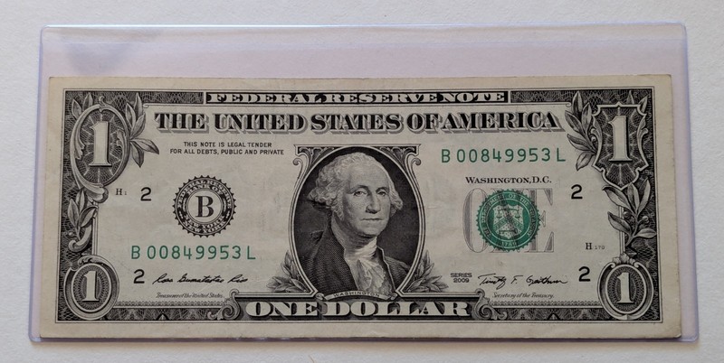 US One Dollar, 2009, $1 Federal Reserve Note, Low Serial Number