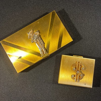 Lot of 2 Vintage Gold Tone Compacts   Petty Cash Coin Holder & Mariachi Musician