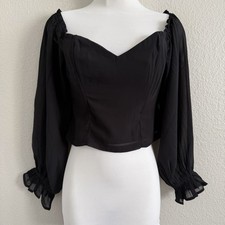 Guess Medium Black Corset Top Sweetheart Neck Puff Sleeve Romantic Whimsigoth