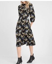 Banana Republic Dress Black Covered Buttons Midi Floral Side Slit Women M