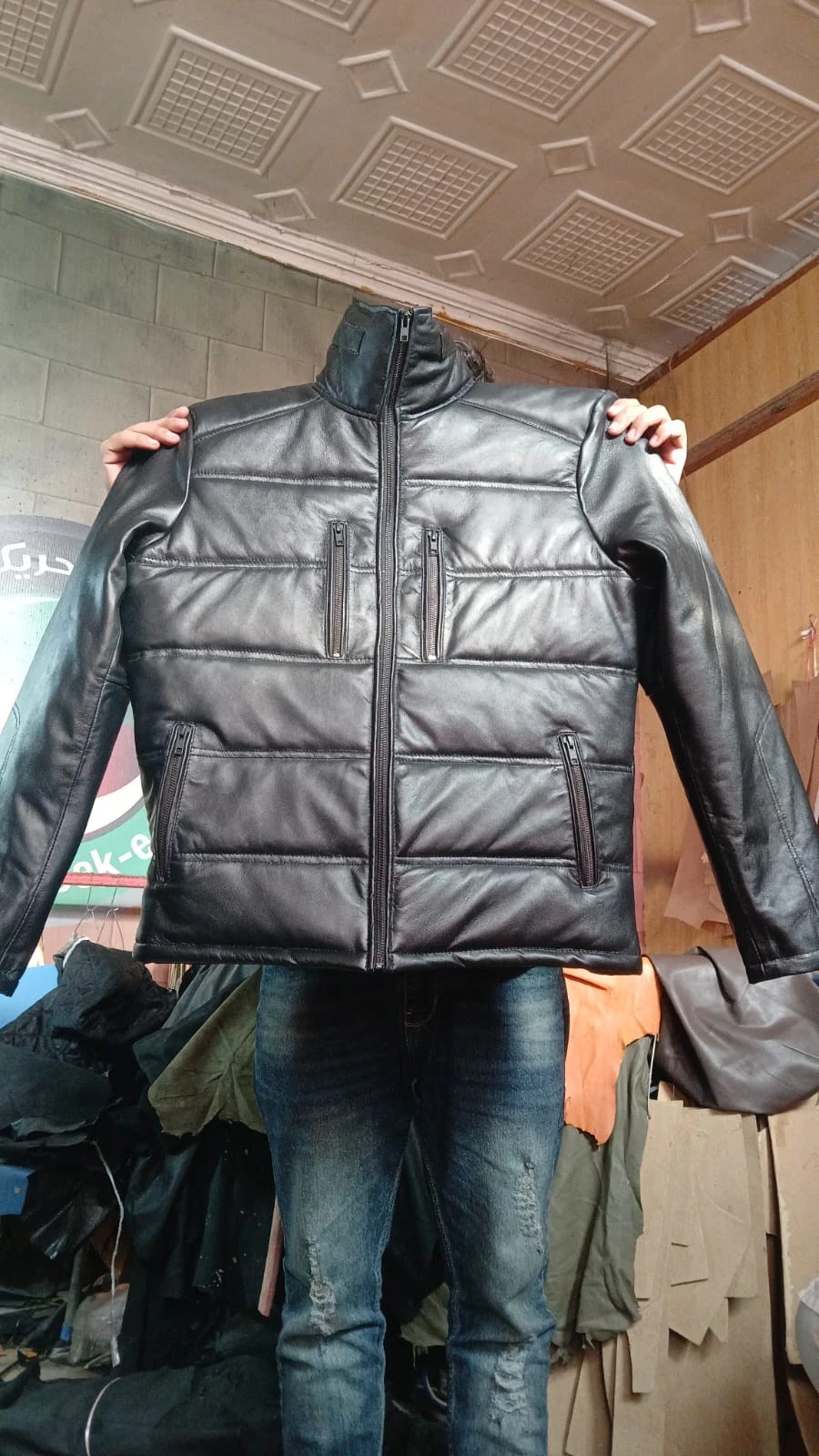 Premium Mens Puffer style Heated lambskin leather Luxury Leather Jacket in black