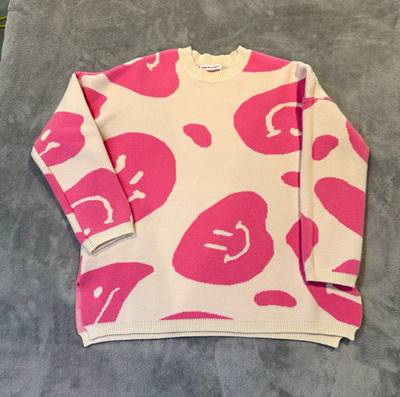 Moon & Madison XS Ivory Pink Smile Graphic Crewneck Raglan Knit Sweater