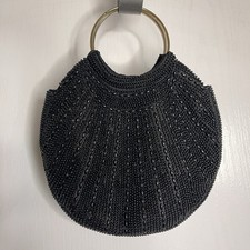 VTG Black Beaded Evening Purse Made In Hong Kong Metal Handles Internal Pocket