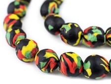 Rasta Fused Recycled Glass Beads 14mm Ghana African Multicolor Round Large Hole