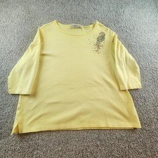 Quaker Factory Women's Yellow 1X 3/4 Sleeve Parrot Rhinestone Blouse Top
