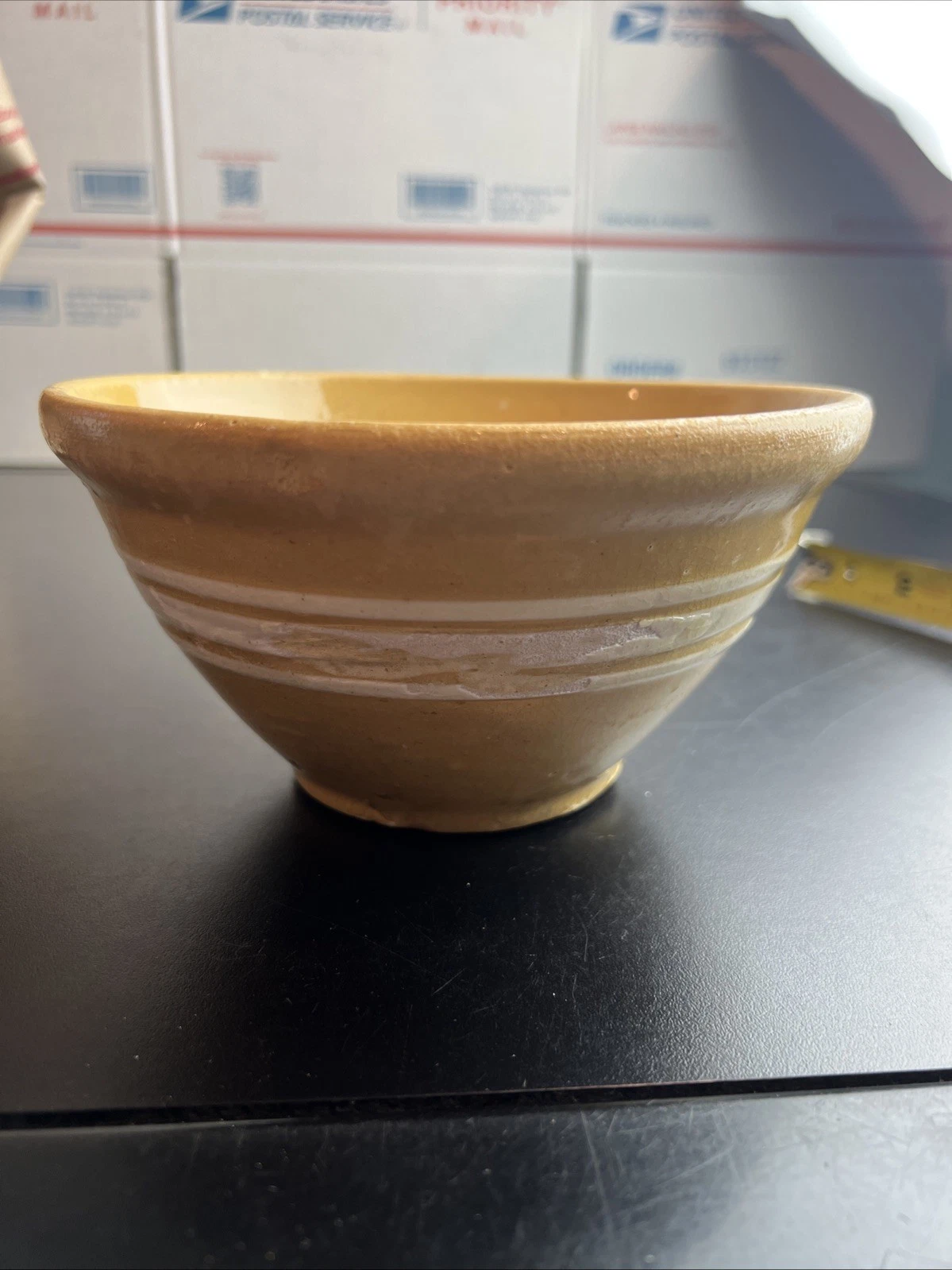Antique Yelloware White Striped Footed Handmade Mixing Bowl PRIMITIVE COUNTRY
