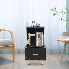 Modern Bedside Table with Drawer Corner High End Table Black Rotating Bookshelf