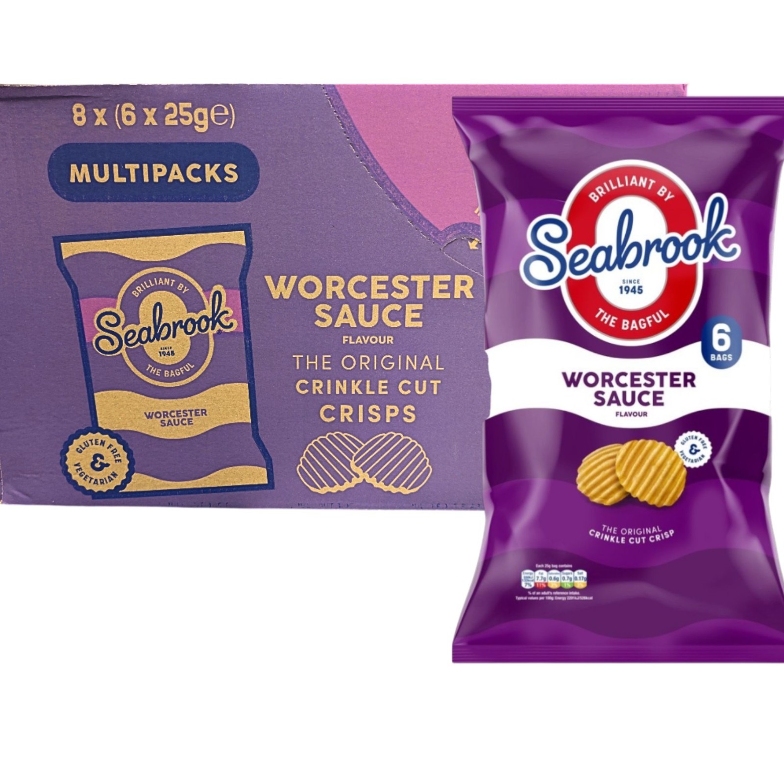 Seabrook Worcester Sauce Crisps 8 x 6 Packs (48 Bags) Bulk Case - Crinkle Cut