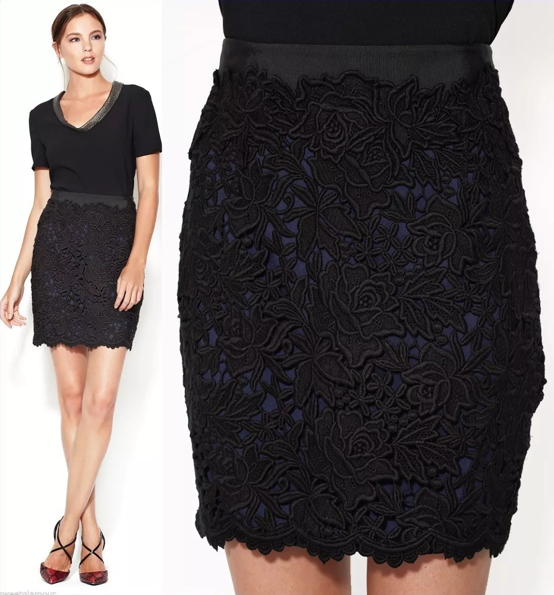Elie Tahari Bennet Black Luxe Crochet Lace Pencil Skirt 10