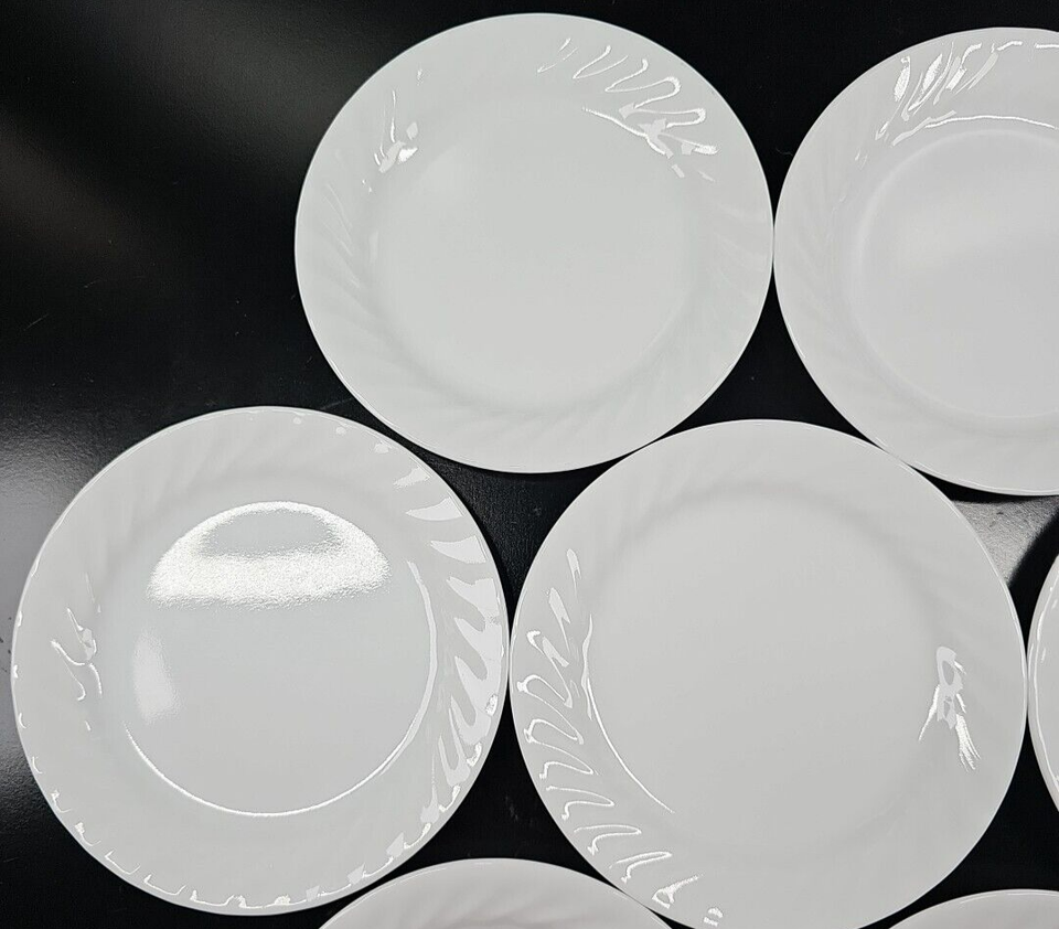 7 Corelle Enhancements Salad Plates Set Corning White Swirl Rim Table