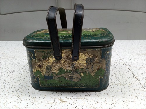 Vintage Brotdose aus Blech mit Doppelgriff und spielenden Kindern - Bild 5 von 12