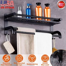 2Tiers Wall Mounted Towel Rack Bar Rail Towel Holder Bathroom Storage Shelf Tray